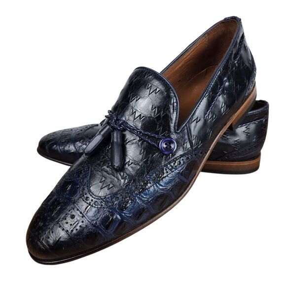 The Istanbul Navy Blue Leather Tassel Loafer Shoe Sz 44 US 10.5 - 11 Leather - Picture 1 of 14